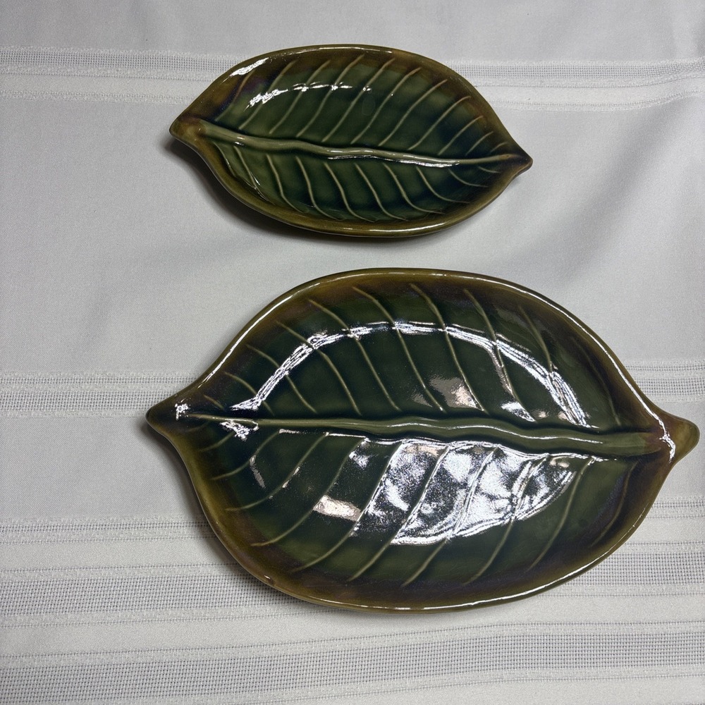 2 Pier 1 Green Leaf Serving Dishes Thanksgiving Fall Boho